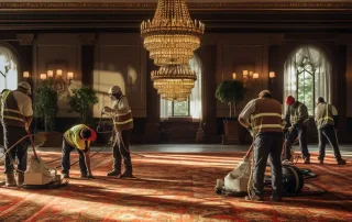 a team of professional cleaners meticulously deep cleans a luxurious and ornate oriental rug in a spacious and well-lit room in reno.