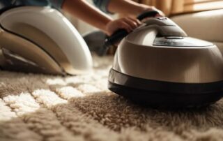 This image shows a woman cleaning her rug with a vacuum cleaner.